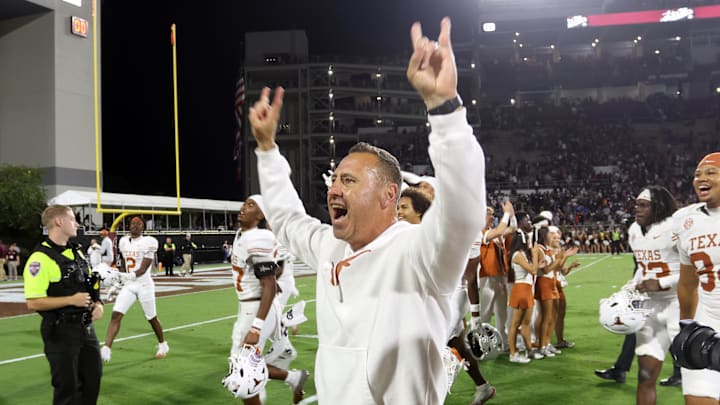 Oct 25, 2025; Starkville, Mississippi, USA; Texas Longhorns head coach Steve Sarkisian reacts after beating the Mississippi State Bulldogs in overtime at Davis Wade Stadium at Scott Field. Mandatory Credit: Petre Thomas-Imagn Images