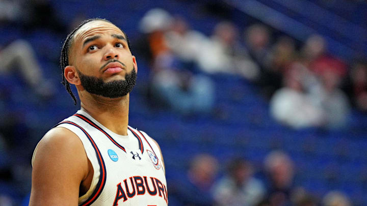 Mar 20, 2025; Lexington, KY, USA;  Auburn Tigers forward Johni Broome (4) during the second half against the Alabama State Hornets in the first round of the NCAA Tournament at Rupp Arena. Mandatory Credit: Aaron Doster-Imagn Images