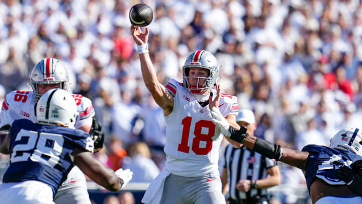 Ohio State Buckeyes quarterback Will Howard (18) throws during the first half of the NCAA football game against the Penn State Nittany Lions at Beaver Stadium in University Park, Pa. on Saturday, Nov. 2, 2024.