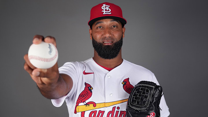 Feb 23, 2023; Jupiter, FL, USA; St. Louis Cardinals pitcher Wilking Rodriguez (58) poses for a
