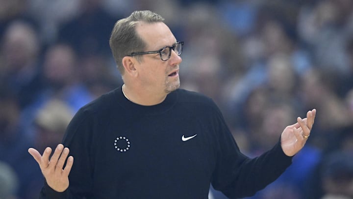 Nov 5, 2025; Cleveland, Ohio, USA; Philadelphia 76ers head coach Nick Nurse reacts in the first quarter against the Cleveland Cavaliers at Rocket Arena. Mandatory Credit: David Richard-Imagn Images