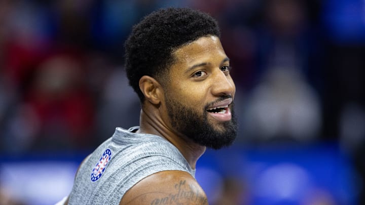 Nov 10, 2024; Philadelphia, Pennsylvania, USA; Philadelphia 76ers forward Paul George (8) warms up before action against the Charlotte Hornets during the first quarter at Wells Fargo Center. 