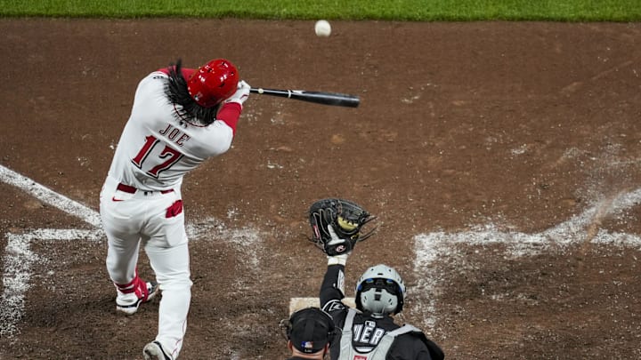 May 13, 2025; Cincinnati, Ohio, USA;  Cincinnati Reds outfielder Connor Joe (17) hits a double against the Chicago White Sox in the eighth inning at Great American Ball Park. Mandatory Credit: Aaron Doster-Imagn Images