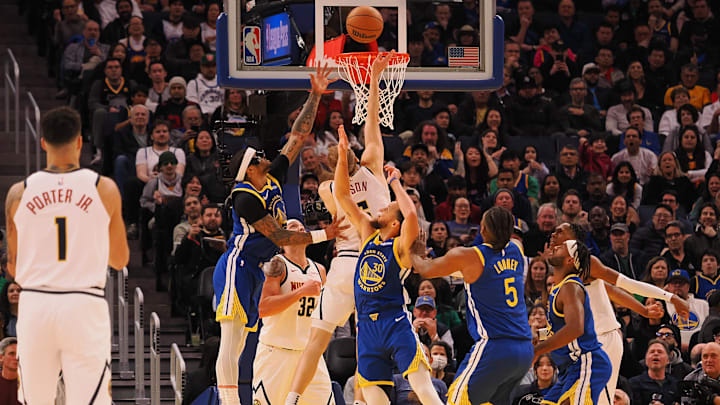 Mar 17, 2025; San Francisco, California, USA; Denver Nuggets forward Hunter Tyson (5) scores a basket against the Golden State Warriors during the second quarter at Chase Center. Mandatory Credit: Kelley L Cox-Imagn Images