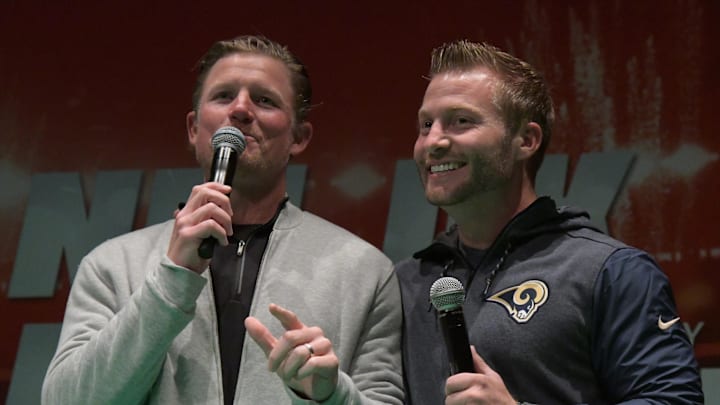 Oct 21, 2017; London, United Kingdom; Los Angeles Rams general manager Les Snead (left) and coach Sean McVay on stage during NFL UK Live at The Mermaid London. Mandatory Credit: Kirby Lee-Imagn Images