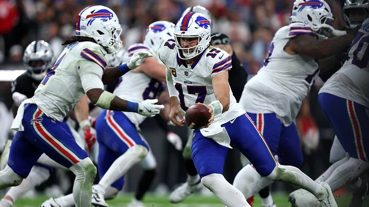 Oct 18, 2026; Paradise, Nevada, USA;  Buffalo Bills quarterback Josh Allen (17) hands off the ball in the second half against the Las Vegas Raiders at Allegiant Stadium.  Mandatory Credit: David Brytus-Imagn Images