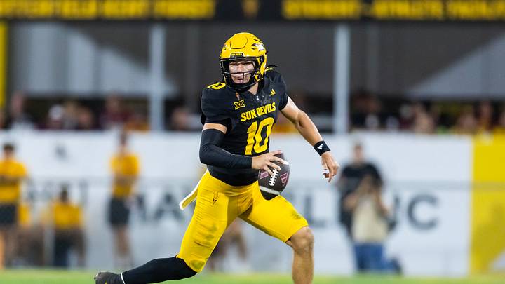 Oct 25, 2025; Tempe, Arizona, USA; Arizona State Sun Devils quarterback Sam Leavitt (10) against the Houston Cougars at Mountain America Stadium. Mandatory Credit: Mark J. Rebilas-Imagn Images