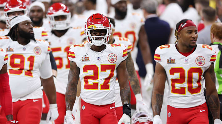 Feb 9, 2025; New Orleans, LA, USA; Kansas City Chiefs safety Chamarri Conner (27) walks on the field before Super Bowl LIX between the Philadelphia Eagles and the Kansas City Chiefs at Caesars Superdome. Mandatory Credit: Bill Streicher-Imagn Images