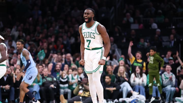 Dec 7, 2024; Boston, Massachusetts, USA; Boston Celtics forward Jaylen Brown (7) reacts during the second half against the Memphis Grizzlies at TD Garden. Mandatory Credit: Paul Rutherford-Imagn Images