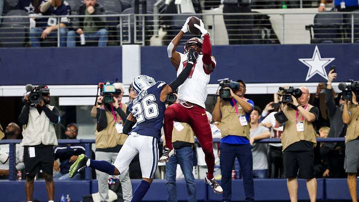 Washington Commanders wide receiver Terry McLaurin (17) makes the game-winning touchdown catch over Dallas Cowboys cornerback DaRon Bland (26) during the fourth quarter at AT&T Stadium. Washington Commanders wide receiver Terry McLaurin (17) makes the game-winning touchdown catch over Dallas Cowboys cornerback DaRon Bland (26) during the fourth quarter at AT&T Stadium.