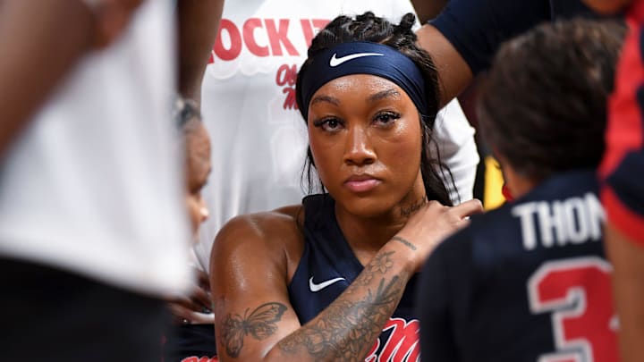 Ole Miss Rebels forward Cotie McMahon (32) listens during a timeout Saturday, March 7, 2026, during the SEC Women's Basketball Tournament semifinals game against the Texas Longhorns at Bon Secours Wellness Arena in Greenville, South Carolina. Texas Longhorns won 85-68.