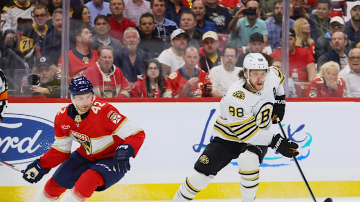 May 14, 2024; Sunrise, Florida, USA; Boston Bruins right wing David Pastrnak (88) moves the puck against the Florida Panthers during the first period in game five of the second round of the 2024 Stanley Cup Playoffs at Amerant Bank Arena. Mandatory Credit: Sam Navarro-USA TODAY Sports