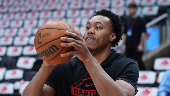 May 1, 2026; Toronto, Ontario, CAN; Toronto Raptors forward Scottie Barnes (4) takes jump shots before game six of the first round of the 2026 NBA Playoffs against the Cleveland Cavaliers at Scotiabank Arena. Mandatory Credit: Nick Turchiaro-Imagn Images