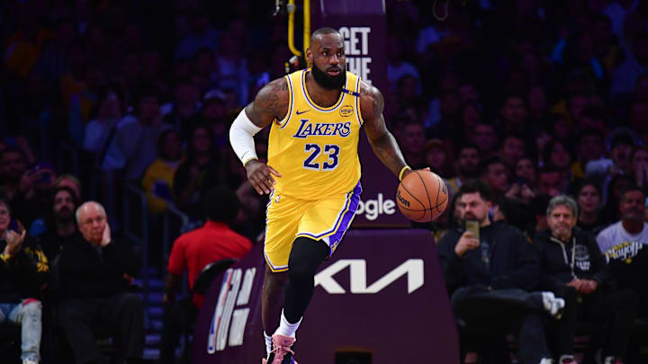 Apr 30, 2025; Los Angeles, California, USA; Los Angeles Lakers forward LeBron James (23) brings the ball up court against the Minnesota Timberwolves during the first half in game five of first round for the 2025 NBA Playoffs at Crypto.com Arena. Mandatory Credit: Gary A. Vasquez-Imagn Images