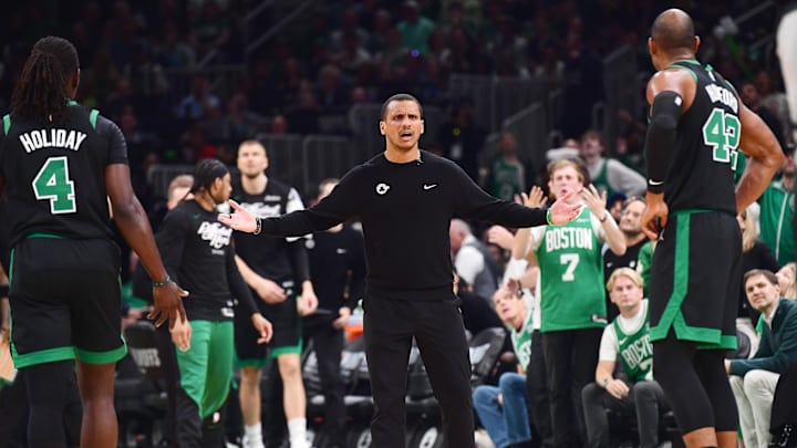 May 14, 2025; Boston, Massachusetts, USA; Boston Celtics head coach Joe Mazzulla reacts after a foul in the first half during game five of the second round for the 2025 NBA Playoffs against the New York Knicks at TD Garden. Mandatory Credit: Bob DeChiara-Imagn Images