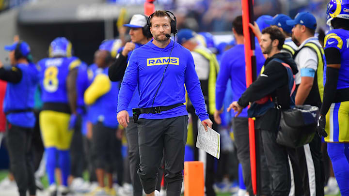 Dec 8, 2024; Inglewood, California, USA; Los Angeles Rams head coach Sean McVay watches game action against the Buffalo Bills during the second half at SoFi Stadium. Mandatory Credit: Gary A. Vasquez-Imagn Images