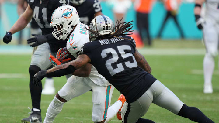 Miami Dolphins wide receiver Jaylen Waddle (17) catches a pass for a big gain as Las Vegas Raiders Miami Dolphins wide receiver Jaylen Waddle (17) catches a pass for a big gain as Las Vegas Raiders