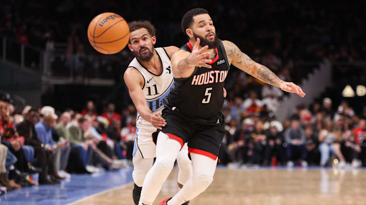 Jan 28, 2025; Atlanta, Georgia, USA; Atlanta Hawks guard Trae Young (11) strips the ball from Houston Rockets guard Fred VanVleet (5) in the third quarter at State Farm Arena. Mandatory Credit: Brett Davis-Imagn Images
Jan 28, 2025; Atlanta, Georgia, USA; Atlanta Hawks guard Trae Young (11) strips the ball from Houston Rockets guard Fred VanVleet (5) in the third quarter at State Farm Arena. Mandatory Credit: Brett Davis-Imagn Images