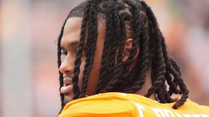 Tennessee wide receiver Chris Brazzell II (17) rests on the sideline during the NCAA college football game against East Tennessee State University on September 6, 2025, in Knoxville, Tennessee. Tennessee wide receiver Chris Brazzell II (17) rests on the sideline during the NCAA college football game against East Tennessee State University on September 6, 2025, in Knoxville, Tennessee.