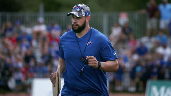 Bills offensive quality control coach Austin Gund on the move between drills during day six of the Buffalo Bills training camp at St John Fisher University in Rochester Saturday, July 30, 2022.

Sd 073022 Bills Camp 50 Spts