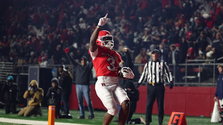 Nov 29, 2025; Piscataway, New Jersey, USA; Rutgers Scarlet Knights running back Antwan Raymond (3) celebrates his touchdown reception during the second half against the Penn State Nittany Lions at SHI Stadium. Mandatory Credit: Vincent Carchietta-Imagn Images