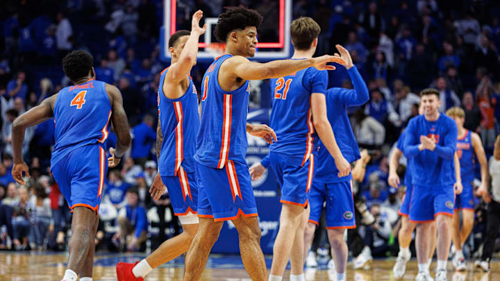 Jan 31, 2024; Lexington, Kentucky, USA; Florida Gators guard Zyon Pullin (0) walks off the court