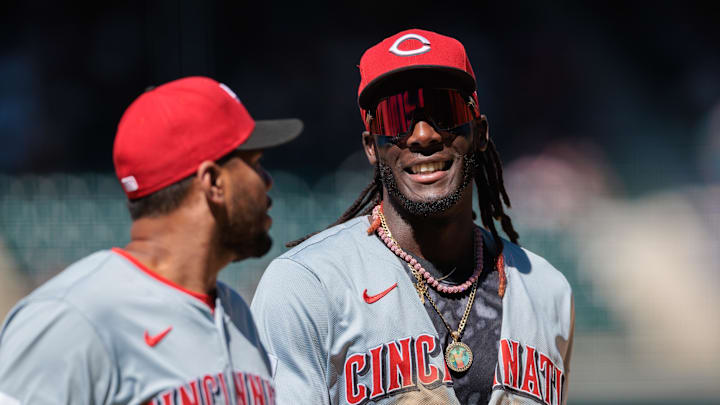 Jun 5, 2024; Denver, Colorado, USA; Cincinnati Reds shortstop Elly De La Cruz (44) reacts during the ninth inning against the Colorado Rockies at Coors Field. Mandatory Credit: Andrew Wevers-USA TODAY Sports