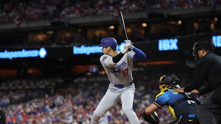 Apr 4, 2025; Philadelphia, Pennsylvania, USA; Los Angeles Dodgers designated hitter Shohei Ohtani (17) bats against the Philadelphia Phillies at Citizens Bank Park. Mandatory Credit: Bill Streicher-Imagn Images
