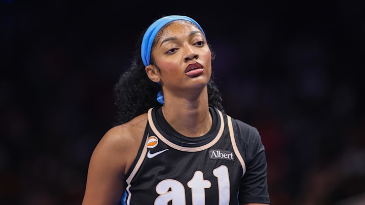 May 17, 2026; Atlanta, Georgia, USA; Atlanta Dream forward Angel Reese (5) comes out of a game against the Las Vegas Aces in the first quarter at State Farm Arena. Mandatory Credit: Brett Davis-Imagn Images
