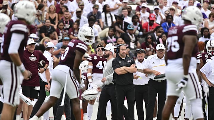 Sep 16, 2023; Starkville, Mississippi, USA; Mississippi State Bulldogs head coach Zach Arnett looks