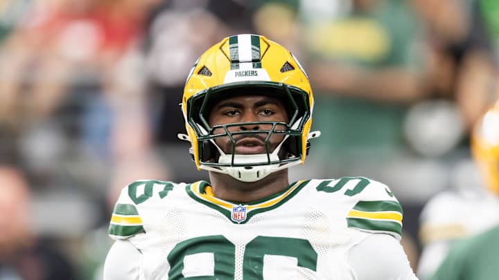 Oct 19, 2025; Glendale, Arizona, USA; Green Bay Packers defensive lineman Colby Wooden (96) against the Arizona Cardinals at State Farm Stadium. Mandatory Credit: Mark J. Rebilas-Imagn Images