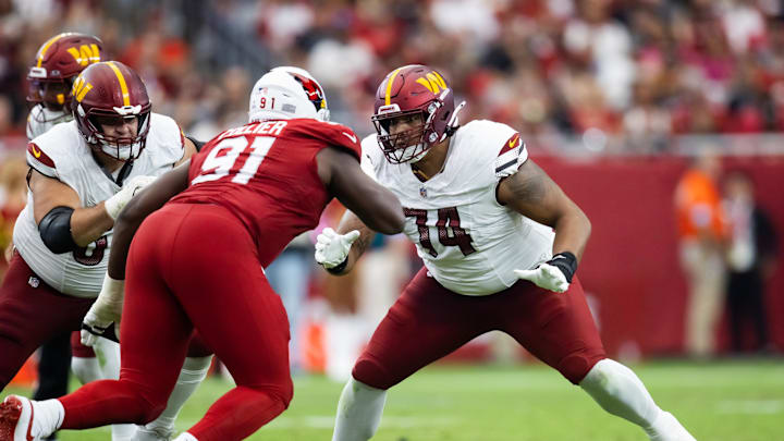 Sep 29, 2024; Glendale, Arizona, USA; Washington Commanders offensive tackle Brandon Coleman (74) against the Arizona Cardinals at State Farm Stadium. Mandatory Credit: Mark J. Rebilas-Imagn Images