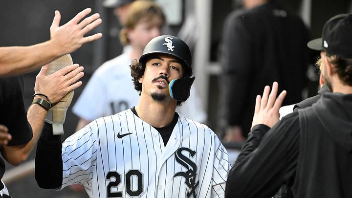 Aug 25, 2026; Chicago, Illinois, USA; Chicago White Sox third baseman Miguel Vargas (20) celebrates in the dugout after he scores during the first inning against the Texas Rangers at Rate Field. Mandatory Credit: Matt Marton-Imagn Images Aug 25, 2026; Chicago, Illinois, USA; Chicago White Sox third baseman Miguel Vargas (20) celebrates in the dugout after he scores during the first inning against the Texas Rangers at Rate Field. Mandatory Credit: Matt Marton-Imagn Images