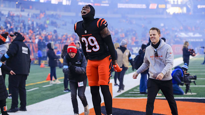 Dec 22, 2024; Cincinnati, Ohio, USA; Cincinnati Bengals cornerback Cam Taylor-Britt (29) reacts after the victory over the Cleveland Browns at Paycor Stadium. Mandatory Credit: Katie Stratman-Imagn Images Dec 22, 2024; Cincinnati, Ohio, USA; Cincinnati Bengals cornerback Cam Taylor-Britt (29) reacts after the victory over the Cleveland Browns at Paycor Stadium. Mandatory Credit: Katie Stratman-Imagn Images