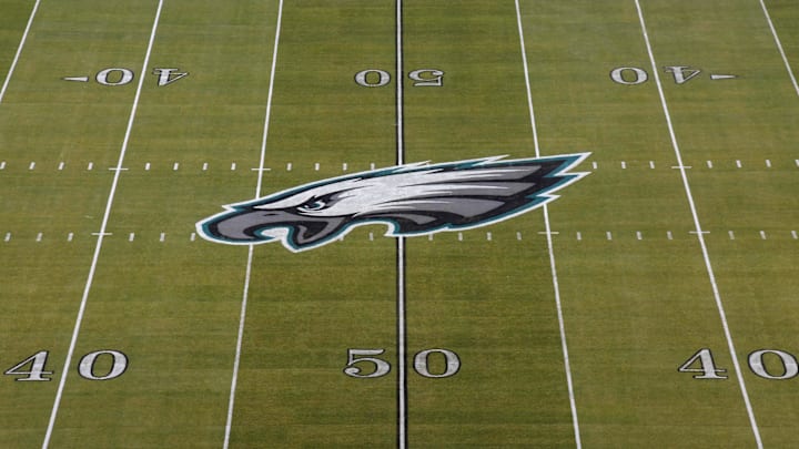 Dec 25, 2017; Philadelphia, PA, USA; General overall view of the Philadelphia Eagles logo at midfield during an NFL football game between the Oakland Raiders and the Philadelphia Eagles at Lincoln Financial Field. Mandatory Credit: Kirby Lee-Imagn Images