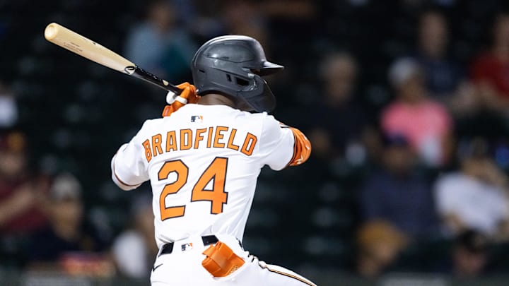Nov 9, 2025; Mesa, AZ, USA; Detailed view of the jersey of Baltimore Orioles outfielder Enrique Bradfield Jr. (24) during the Arizona Fall League Fall Stars Game at Sloan Park. Mandatory Credit: Mark J. Rebilas-Imagn Images