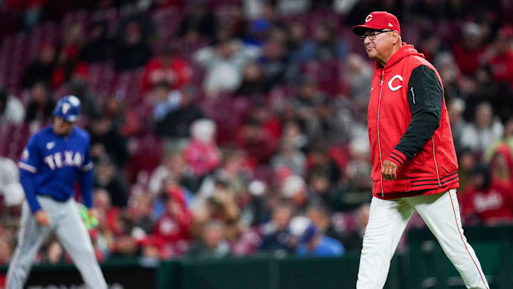 Cincinnati Reds manager Terry Francona walks up to the mound in the eighth inning of a MLB game between the Cincinnati Reds and Texas Rangers, Tuesday, April 1, 2025, at Great American Ball Park in Downtown Cincinnati. Rangers won 1-0.