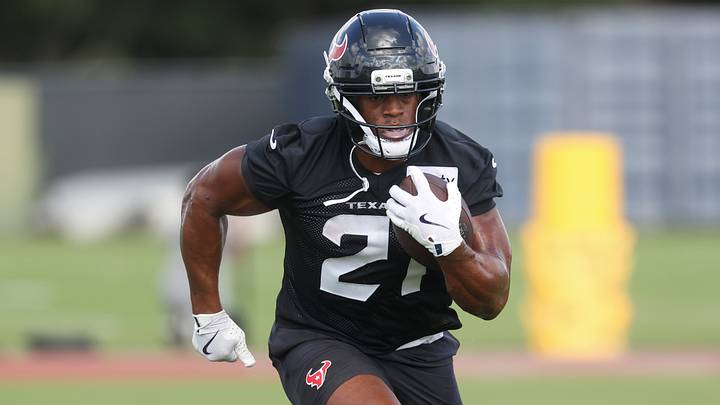 Jul 23, 2025; Houston, TX, USA;  Houston Texans running back Nick Chubb (21) during training camp at Houston Methodist Training Center. Mandatory Credit: Troy Taormina-Imagn Images