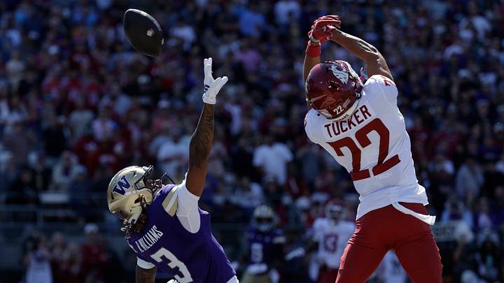 Washington State Cougars cornerback Jalil Tucker (22) breaks up a pass to Washington Huskies wide receiver Rashid Williams (3) during the first quarter at Husky Stadium. Mandatory Credit: Joe Nicholson-Imagn Images Washington State Cougars cornerback Jalil Tucker (22) breaks up a pass to Washington Huskies wide receiver Rashid Williams (3) during the first quarter at Husky Stadium. Mandatory Credit: Joe Nicholson-Imagn Images