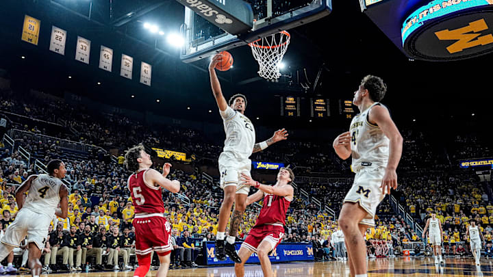 Michigan forward Yaxel Lendeborg (23) goes to the basket against Indiana during the second half at Crisler Center in Ann Arbor on Tuesday, Jan. 20, 2026.