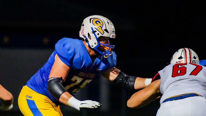 Germantown lineman Cole Reiter, left, protects his quarterback during the game against Sussex Hamilton, Sept. 19, 2025, in Germantown, Wisconsin. Hamilton won the game, 23-21. Germantown lineman Cole Reiter, left, protects his quarterback during the game against Sussex Hamilton, Sept. 19, 2025, in Germantown, Wisconsin. Hamilton won the game, 23-21.