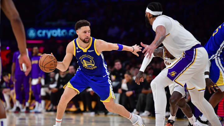 May 6, 2023; Los Angeles, California, USA; Golden State Warriors guard Klay Thompson (11) moves the ball against Los Angeles Lakers forward Anthony Davis (3) during the second half in game three of the 2023 NBA playoffs at Crypto.com Arena. Mandatory Credit: Gary A. Vasquez-USA TODAY Sports May 6, 2023; Los Angeles, California, USA; Golden State Warriors guard Klay Thompson (11) moves the ball against Los Angeles Lakers forward Anthony Davis (3) during the second half in game three of the 2023 NBA playoffs at Crypto.com Arena. Mandatory Credit: Gary A. Vasquez-USA TODAY Sports