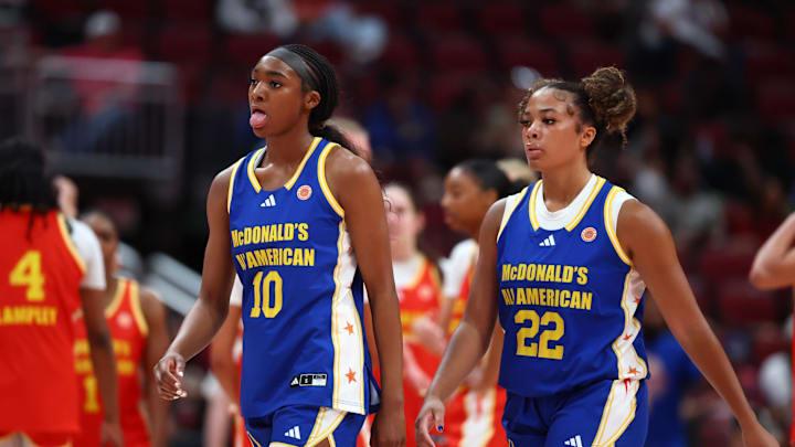 Mar 31, 2026; Glendale, AZ, USA; Trinity Jones (10) and Bella Flemings (22) during the McDonalds All American Girls Game at Desert Diamond Arena. Mandatory Credit: Mark J. Rebilas-Imagn Images