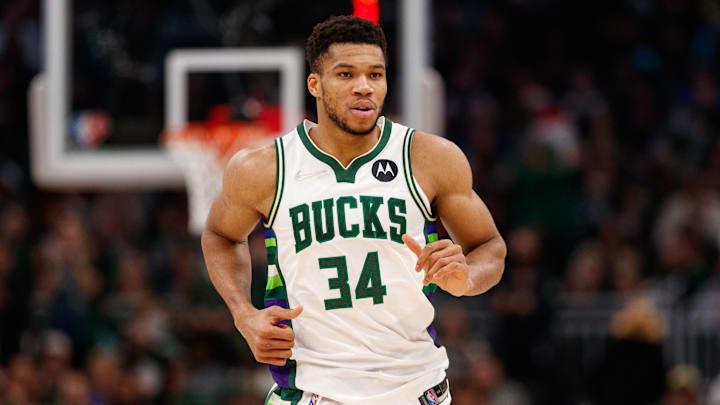 Dec 25, 2021; Milwaukee, Wisconsin, USA;  Milwaukee Bucks forward Giannis Antetokounmpo (34) during the game against the Boston Celtics at Fiserv Forum. Mandatory Credit: Jeff Hanisch-Imagn Images
