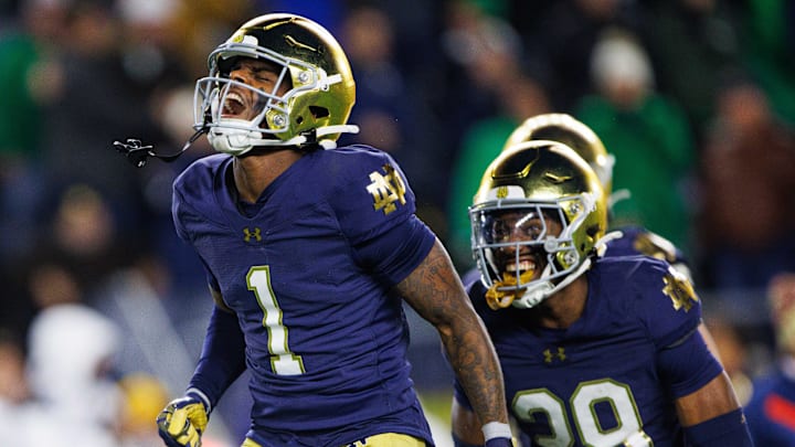 Notre Dame safety Jordan Clark (1) celebrates his interception during a NCAA college football game against Florida State at Notre Dame Stadium on Saturday, Nov. 9, 2024, in South Bend.