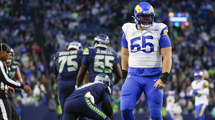Nov 3, 2024; Seattle, Washington, USA; Los Angeles Rams defensive tackle Braden Fiske (55) celebrates a sack against the Seattle Seahawks during the fourth quarter at Lumen Field. Mandatory Credit: Joe Nicholson-Imagn Images