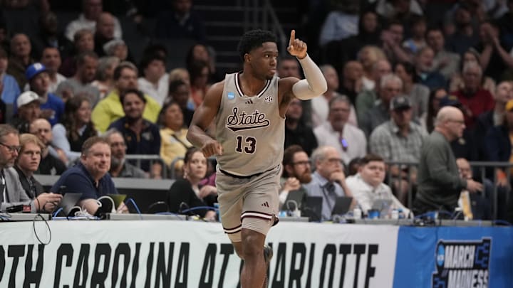 March 21, 2024, Charlotte, NC, USA;  Mississippi State Bulldogs guard Josh Hubbard (13) reacts against the Michigan State Spartans in the first round of the 2024 NCAA Tournament at the Spectrum Center. Mandatory Credit: Bob Donnan-Imagn Images