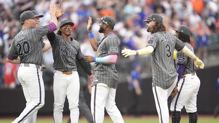 Apr 19, 2025; New York City, New York, USA; New York Mets first baseman Pete Alonso (20) and shortstop Francisco Lindor (12) and designated hitter Starling Marte (6) and Jesse Winker (3) and second baseman Luisangel Acuna (2) celebrate the victory against the St. Louis Cardinals after the ninth inning at Citi Field. Mandatory Credit: Gregory Fisher-Imagn Images Apr 19, 2025; New York City, New York, USA; New York Mets first baseman Pete Alonso (20) and shortstop Francisco Lindor (12) and designated hitter Starling Marte (6) and Jesse Winker (3) and second baseman Luisangel Acuna (2) celebrate the victory against the St. Louis Cardinals after the ninth inning at Citi Field. Mandatory Credit: Gregory Fisher-Imagn Images