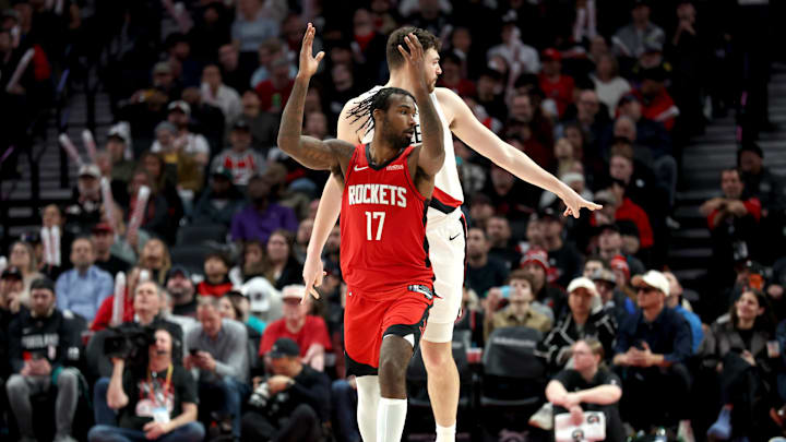 Jan 7, 2026; Portland, Oregon, USA; Houston Rockets forward Tari Eason (17) reacts after scoring against the Portland Trail Blazers uring the second half at Moda Center. Mandatory Credit: Jaime Valdez-Imagn Images Jan 7, 2026; Portland, Oregon, USA; Houston Rockets forward Tari Eason (17) reacts after scoring against the Portland Trail Blazers uring the second half at Moda Center. Mandatory Credit: Jaime Valdez-Imagn Images
