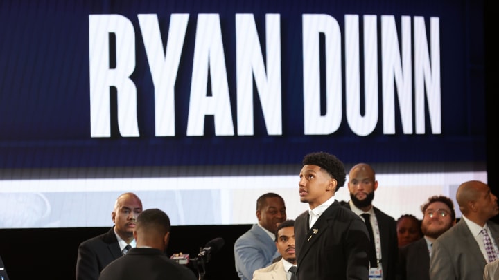 Jun 26, 2024; Brooklyn, NY, USA; Ryan Dunn reacts after being selected in the first round by the Denver Nuggets in the 2024 NBA Draft at Barclays Center. Mandatory Credit: Brad Penner-USA TODAY Sports Jun 26, 2024; Brooklyn, NY, USA; Ryan Dunn reacts after being selected in the first round by the Denver Nuggets in the 2024 NBA Draft at Barclays Center. Mandatory Credit: Brad Penner-USA TODAY Sports